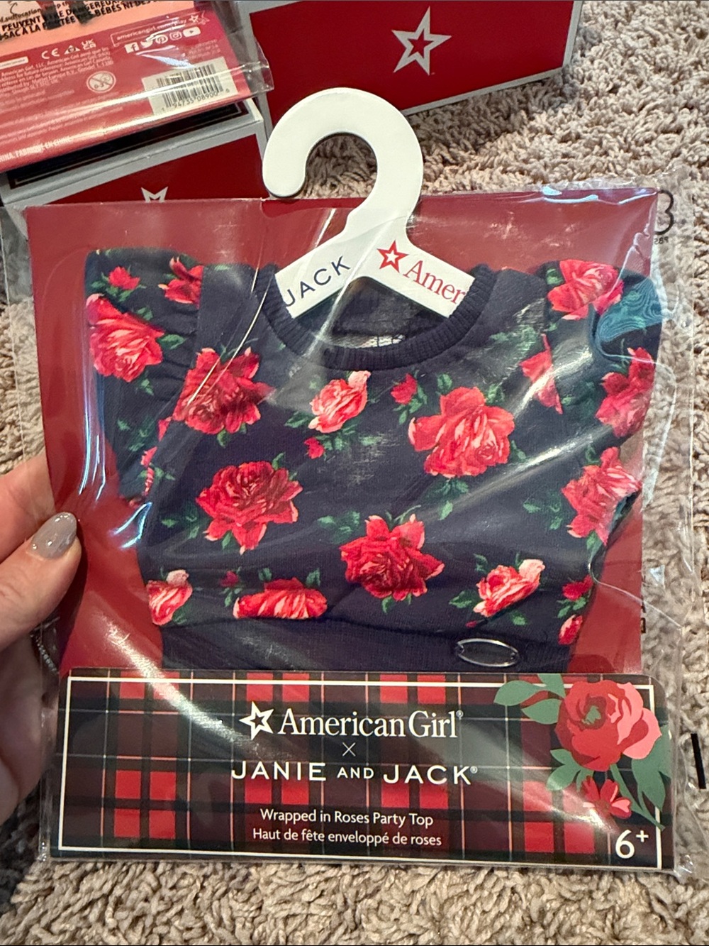 American girl Jeannie and Jack wrapped in Rose’s party top sweatshirt hanger new